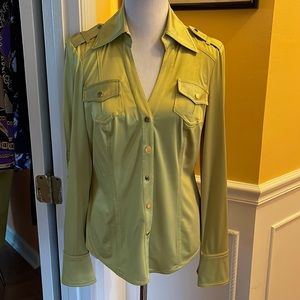 Long sleeve blouse with gold hardware and gold threading flaps on shoulder